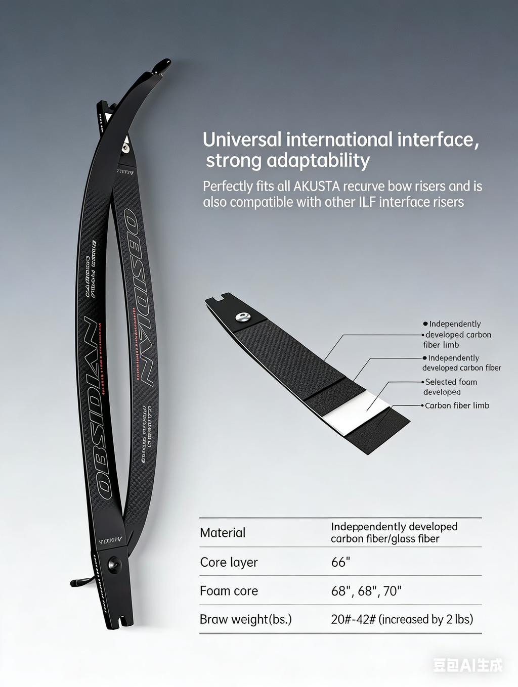 Archery recurve bow limbs-Akusta recurve bow limbs-obsidian